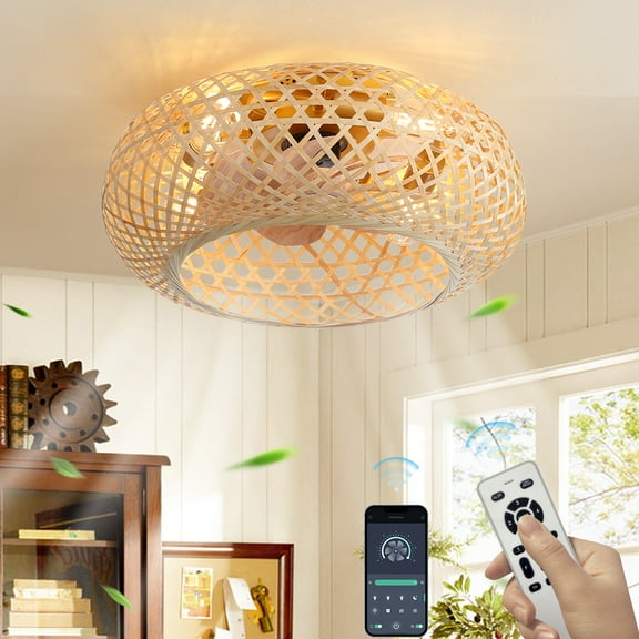 Caged Ceiling Fans with Lights and Remote Control - 20-Inch Low Profile, 4 E26 Bulbs, 6-Speed, Flush Mount Design for Bedroom, Living Room, and Kitchen (Gold)