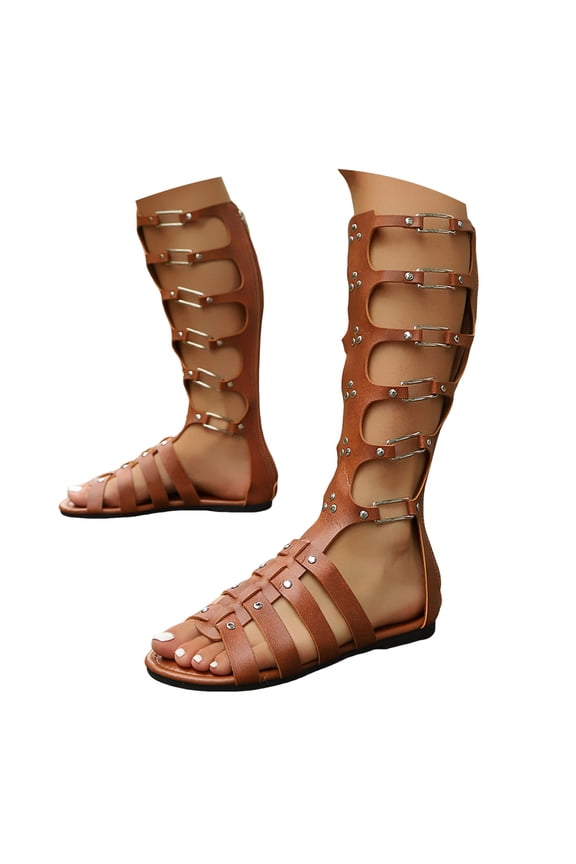 Caged Gladiator Sandals for Women Mid Calf Retro Buckle Open Toe Beach Shoes Hollow out Soft Leather Back Zipper Knee High Boots Brown Size 6.5