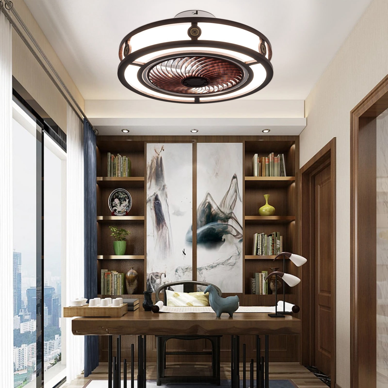 Caged Low Profile Ceiling Fans With Light, Flush Mount Farmhouse Fandelier With Remote Control, Dimmable/Wind Speed/Timer/with bulb, Small Enclosed Bedroom Kitchen Ceiling Fan