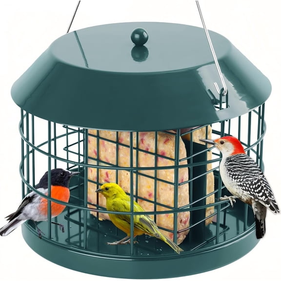 Caged Suet Bird Feeder for Outdoors Hanging, Squirrel Proof Double Suet Feeder for Small Birds, Metal Cage with Detachable Hook, Large Space, Outdoors Weatherproof, Green