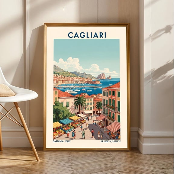 Cagliari Sardinia Print: Vintage Italian Coastal Travel Poster, Stretched Canvas Size 16x24