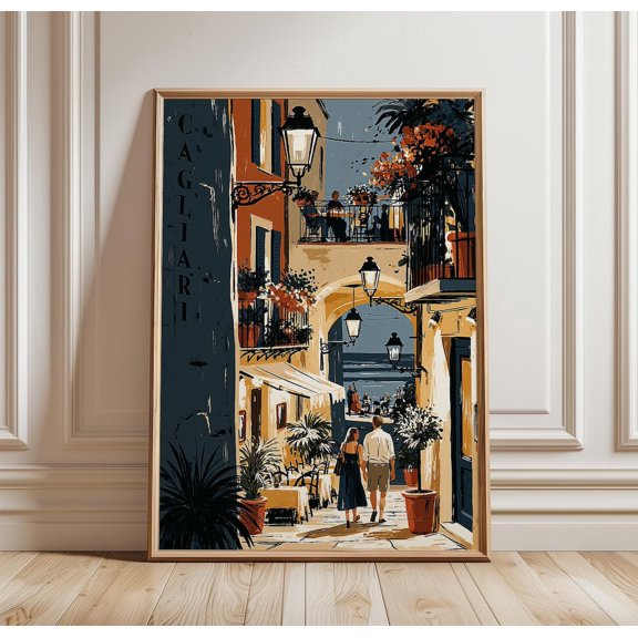 Cagliari Travel Street Cafe Print Architecture Wall Art, Unframed Paper Print