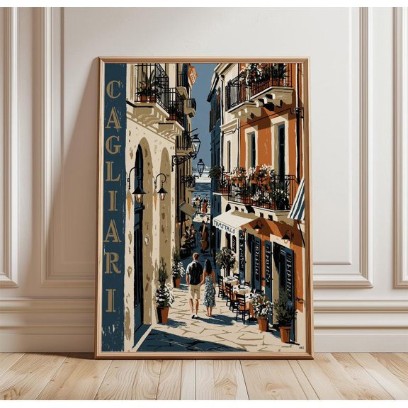 Cagliari Travel Street Cafe Print Architecture Wall Art, Unframed Paper Print