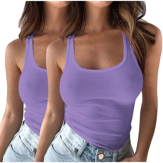 Cagogo 2 Pack Women Ribbed Tank Tops Under $10 Spaghetti Strap Cute Beach Athletic Camis Shirts Slim Fitted Sleeveless Layering Scoop Neck Tee Tops