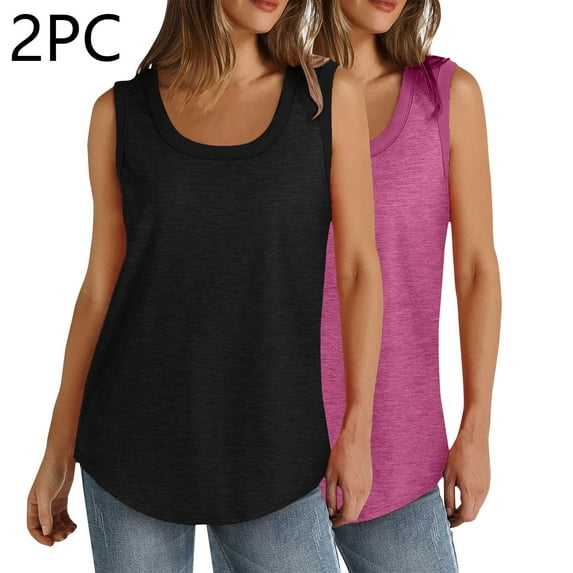 Cagogo 2PC Ladies Tank Tops Under $10 Sleeveless Cute Beach Loose Cami T Shirts Plus Size Solid Color U Neck T-Shirts Birthday Gifts