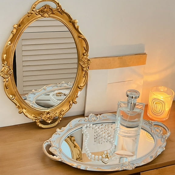 Cagogo 2Pcs European Carved Mirror Tray, Elegant Cake Dessert Plates And Jewelry Storage, Vintage Ceramic Tea Tray For Living Room Decor And Photo Props