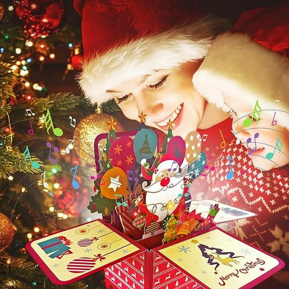 Cagogo under $5 1Pcs Musical Christmas Card, Poping Up Christmas Tree Card, Musical Greeting Card with LED Lights, 3D Christmas Holiday Card, Festive Birthday Greeting Card with Envelope