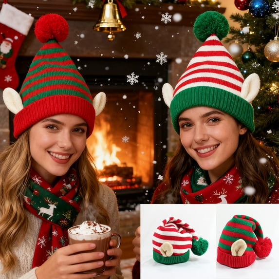Cagogo under $5 2Pcs Knitted Christmas Hat, Christmas Knitted Elf Hat with Pompom,Striped Christmas Beanies for Winter,Warm Christmas Hat for Men Women,Festive Knitted Hat with Furry Ball