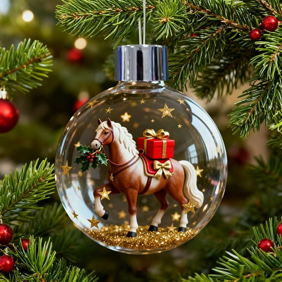 Cagogo under $5 4Pcs Equestrian Tree Decor, Equestrian Christmas Ornament Collection, Transparent Acrylic Horse Figurine Baubles, Golden Glitter Christmas Tree Decorations
