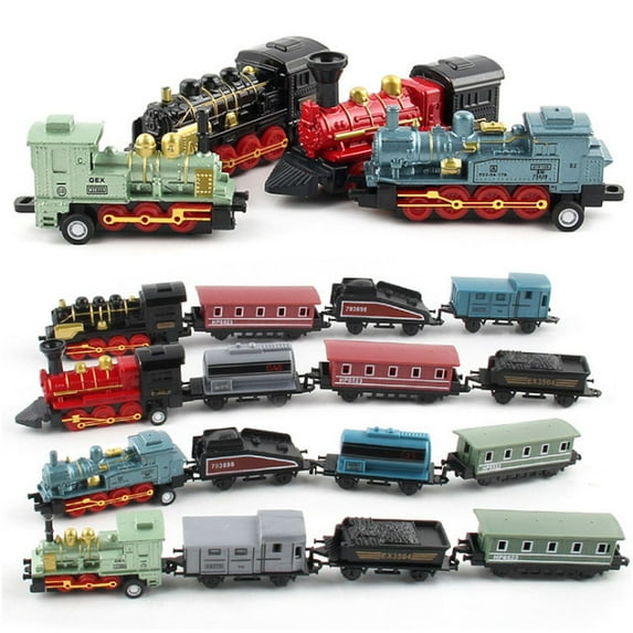 Cagogo under $5 4Pcs ToyTrain Set, Simulation Steam Small Train,Alloy Pull Back Train Model,Retro StyleChildren'sToy,Collectible Train Ornament,Mini Locomotive with Carriages