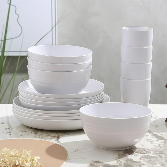 Cagogo under $5 Dinnerware Set, 16 Piece Plastic Tableware Set, Bowl Plates Cup Solid Color Household, Drop Resistant Dinnerware for Family, Complete Dining Collection
