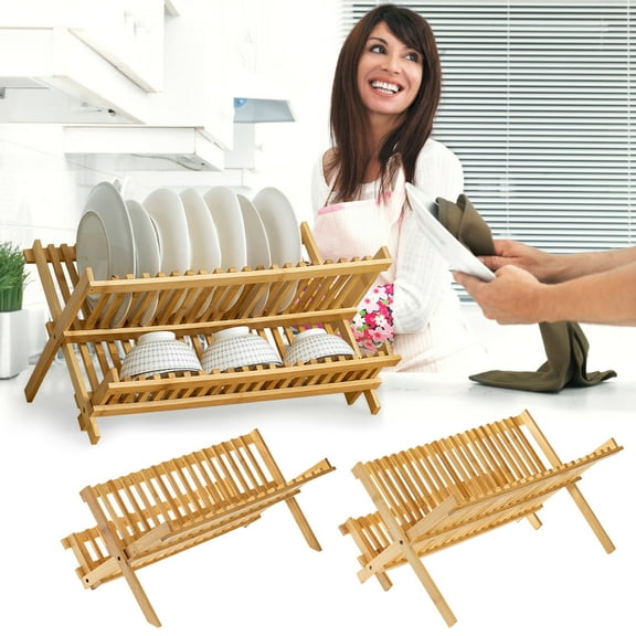 Cagogo Bamboo Dish Drying Rack, 2 Tier Large Capacity Foldable Dish Drainer, Bamboo Wood Dish Rack Drainer Tray for Kitchen Countertop, Sink Organizer, Plates Bowls Cups Utensils Storage