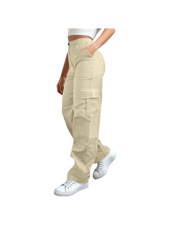 Cargo Pants for Women with Pockets Elastic Waist Casual Loose Long Trousers Travel Hiking Utility Tapered Leg Pants Outdoor Streetwear, Beige L