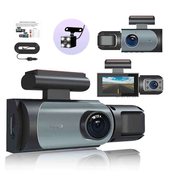 Cagogo Dash Cam 3 Channel Car Recorder, .97in HD 1080P Front Inside Rear Camera, Night Vision Motion Detection Loop Recording, 130° Wide Angle DVR for Vehicle Security
