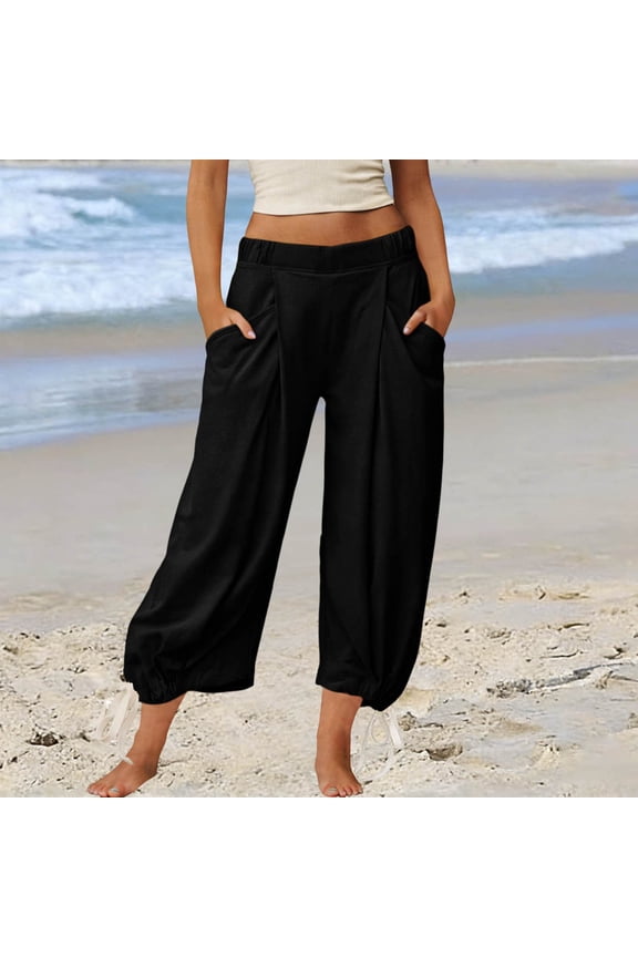 Elastic Waist Harem Pants for Women Wide Leg Casual Loose with Pockets Ankle Length Drawstring Trousers Workout Lounge Yoga Beach Travel Clothes, Black L