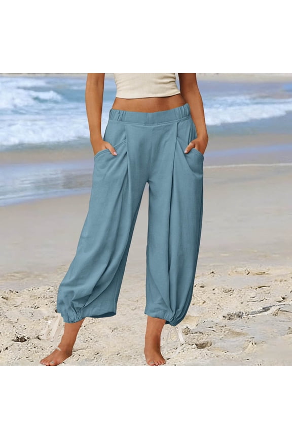 Elastic Waist Harem Pants for Women Wide Leg Casual Loose with Pockets Ankle Length Drawstring Trousers Workout Lounge Yoga Beach Travel Clothes, Light Blue M