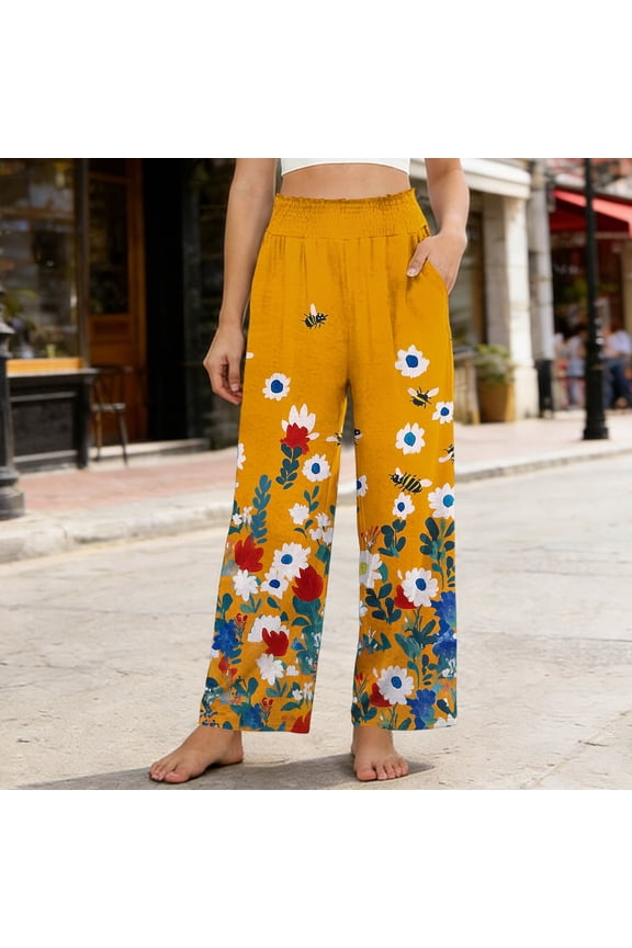 Floral Wide Leg High Waisted Trousers for Women with Pockets Casual Loose Long Palazzo Pants Beach Party Lounge Work Summer Fashion, Orange XL