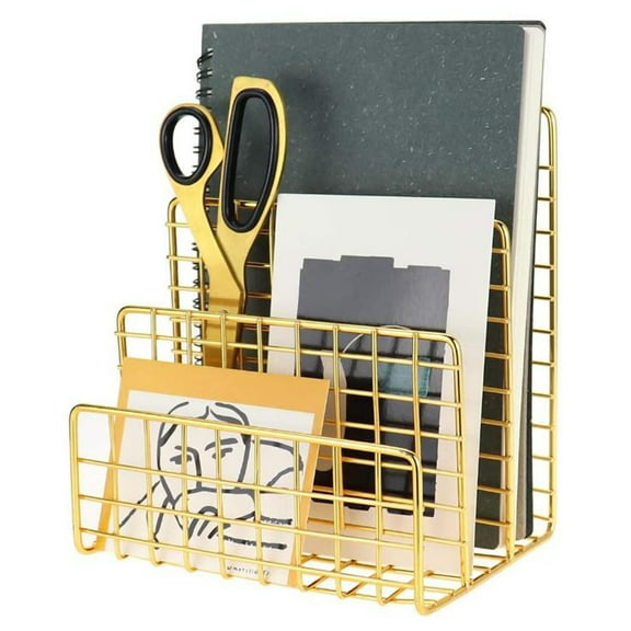 Cagogo Golden Three Tier Wrought Iron Bookshelf, Metal Book Stand Desktop Decoration For Office Home, Creative Mail Organizer With Gold Plated Finish, Durable Iron Structure