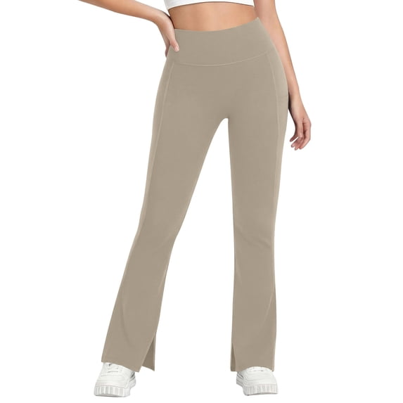 Cagogo High Waisted Flare Trousers for Women with Pockets Solid Casual Regular Fit Long Pants Sporty Workout Yoga Beach Office Lounge Bottoms, Beige L