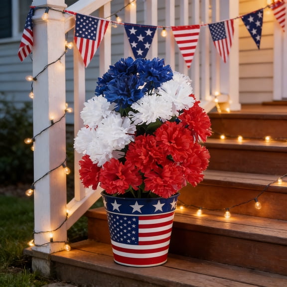 Cagogo Independence Day Decorations, Patriotic Artificial Flowers, Red White Blue Lilacs Blossoms Floral Arrangement, Plastic Indoor Outdoor Home Decor, Table Centerpiece Fireworks Party Supplies
