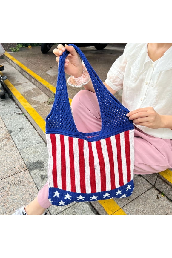 Independence Day Patriotic Bag, Star Striped Knit Tote Bag, USA Flag Holiday Party Shoulder Bag, Cutout Beach Bag Picnic Bag, Fourth of July Festival Shopping Bag