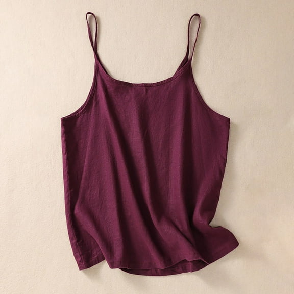 Cagogo Ladies Athletic Cotton Linen Tank Tops Under $5 Spaghetti Strap Sleeveless Going Out Cami T Shirt Loose Fit Solid Color Plain Scoop Neck Tee Shirts