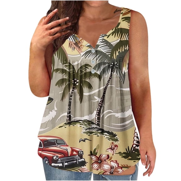 Cagogo Ladies Flowy Pleated Plus Size Tank Tops Under $5 Trendy Summer Button Palm Leaf Print V Neck Sleeveless Camis T Shirts Loose Fit Athletic Tanks Clothes