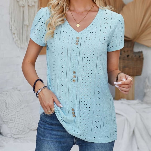Cagogo Ladies Loose Fitting Tunic Tops Summer Under $5 Eyelet Embroidery Short Sleeve V Neck Button Shirt Trendy Summer Black Shirt Clothes Mother's Day Gifts