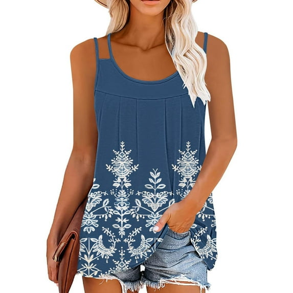 Cagogo Ladies Loose Pleated Tank Tops Under $5 Spaghetti Strap Sleeveless Floral Printed Scoop Neck Flowy Camis T-Shirts Plus Size Trendy Basic Tanks Shirts