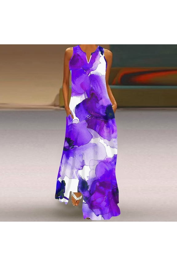 Ladies Summer Casual Maxi Long Tank Sun Dress Under $5 Sleeveless Vintage Floral Swing Flowy Beach Dresses V Neck Cute White Evening Dress Birthday Gift