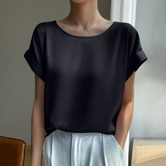 Cagogo Ladies Summer Cuffed Short Sleeve Scoop Neck Shirts Under $5 Dressy Casual Comfy Solid Color Blouses Going Out Black Tunic Tops Valentines Day Gifts
