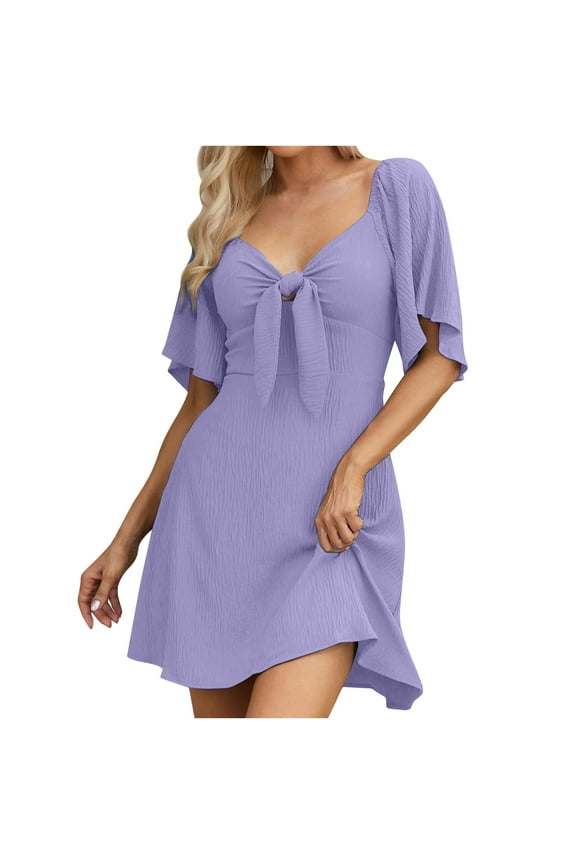 Ladies Summer Spring Short Sleeve Vacation Dresses Under $5 Casual High Waist A-Line Flowy Short Mini Dresses Bow Tie V Neck Elegant Black Church Dress