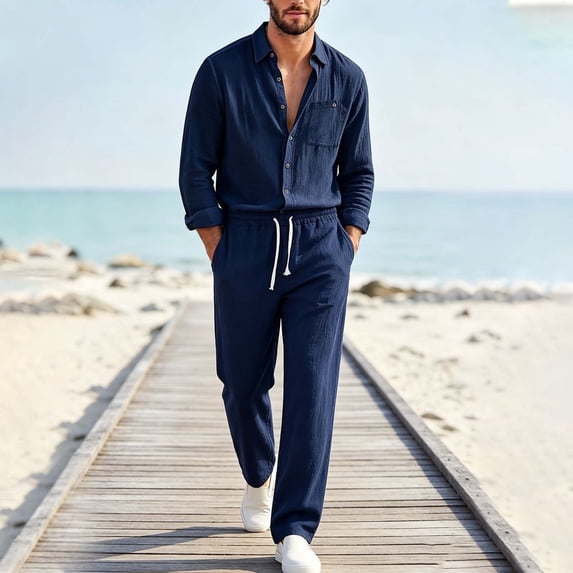 Cagogo Men Plus Size 2 Piece Outfits Collared Button Down Shirt Wide Leg Pants Sets Casual Solid Boho Vacation Loose Tracksuit, Navy 2XL