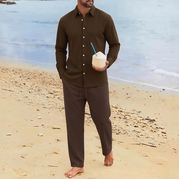 Cagogo Men Plus Size 2 Piece Outfits Collared Long Sleeve Shirt Wide Leg Drawstring Pants Casual Sets Solid Basic Loungewear Vacation Travel, Coffee XL