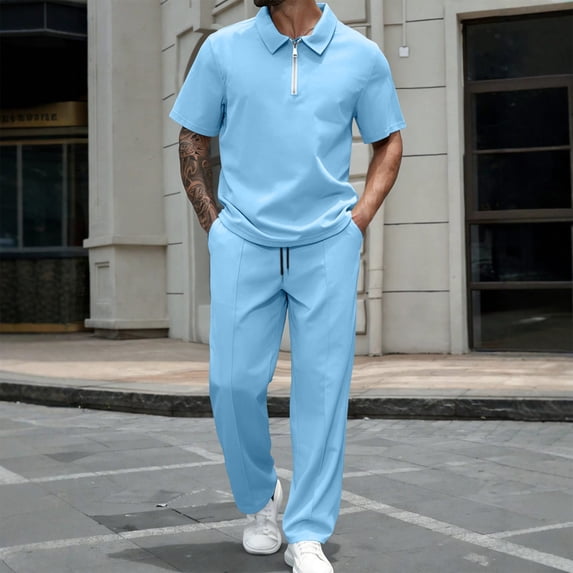 Cagogo Men Plus Size 2 Piece Outfits Collared Short Sleeve Top Elastic Waist Pants Solid Casual Tracksuit Summer Lounge Matching Set Vacation Travel, Light Blue S
