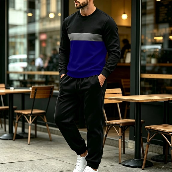 Cagogo Men Plus Size 2 Piece Set Round Neck Long Sleeve Pullover Tops Elastic Waist Pants Fall Winter Casual Lounge Matching Tracksuit, Blue L