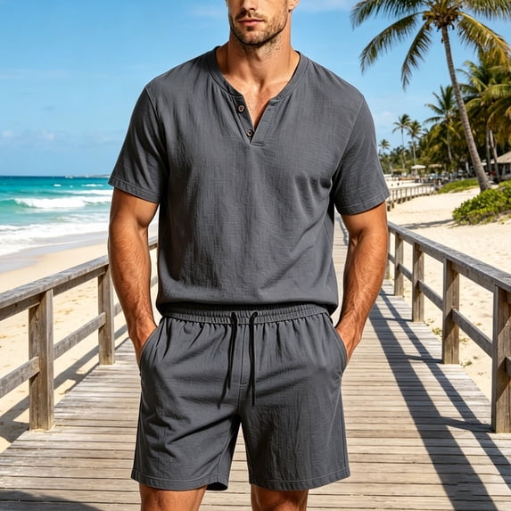 Cagogo Men's 2 Piece Outfits V Neck Short Sleeve T Shirt Elastic Waist Shorts Summer Casual Lounge Matching Sets Solid Basic Tracksuit Travel, Gray 3XL