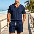 thumbnail image 1 of Cagogo Men's 2 Piece Outfits V Neck Short Sleeve T Shirt Elastic Waist Shorts Summer Casual Lounge Matching Sets Solid Basic Tracksuit Travel, Navy 2XL, 1 of 5
