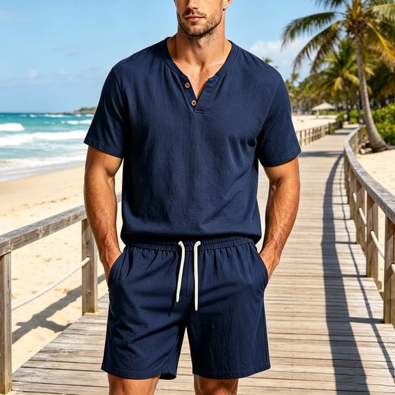 Cagogo Men's 2 Piece Outfits V Neck Short Sleeve T Shirt Elastic Waist Shorts Summer Casual Lounge Matching Sets Solid Basic Tracksuit Travel, Navy 2XL