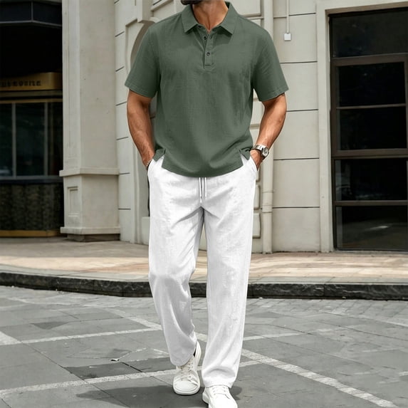 Cagogo Men's Plus Size 2 Piece Outfits Collared Short Sleeve Shirt Wide Leg Pants Casual Sets Solid Lounge Matching Suits Travel Vacation, Army Green XL