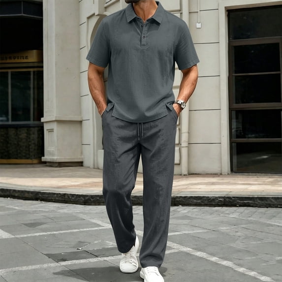 Cagogo Men's Plus Size 2 Piece Outfits Collared Short Sleeve Shirt Wide Leg Pants Casual Sets Solid Lounge Matching Suits Travel Vacation, Dark Gray M