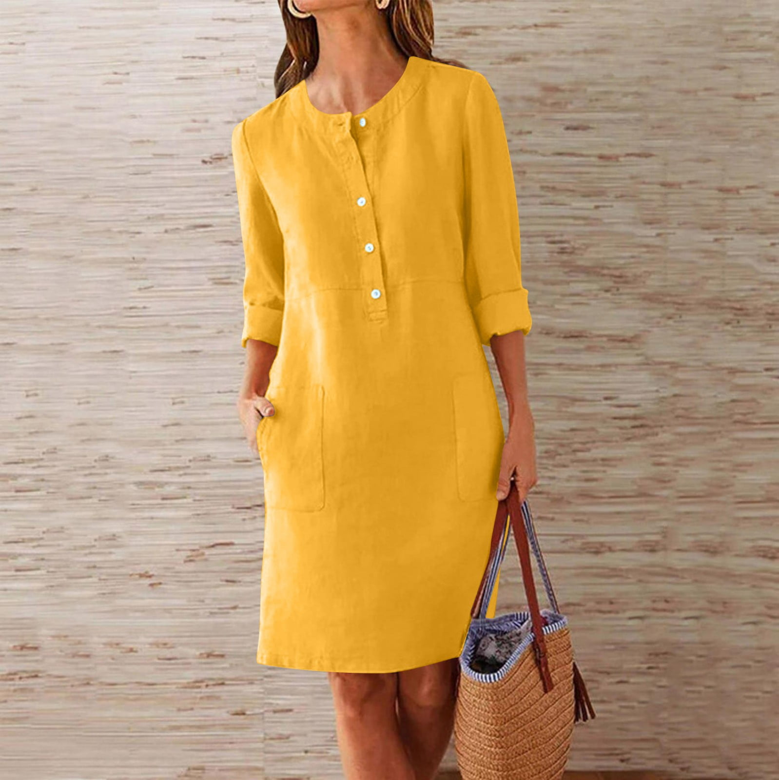 Cagogo Plus Size 3/4 Sleeve Cotton Linen Wedding Guest Dresses for ...