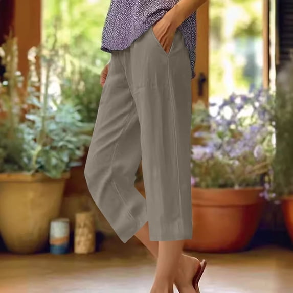 Cagogo Plus Size Women's Capri Pants Mid Rise Casual Elastic Waisted Pants with Pockets Solid Basic Lounge Trousers Officewear Cropped Summer Work Beach Clothes, Gray XL