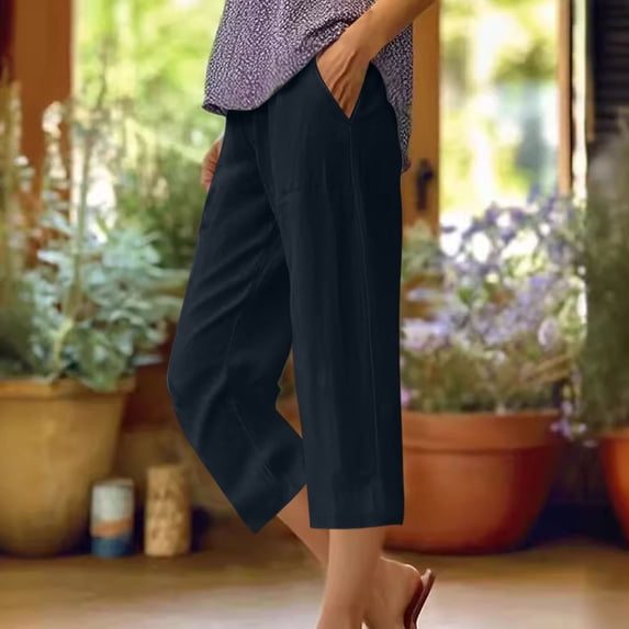 Cagogo Plus Size Women's Capri Pants Mid Rise Casual Elastic Waisted Pants with Pockets Solid Basic Lounge Trousers Officewear Cropped Summer Work Beach Clothes, Navy 3XL