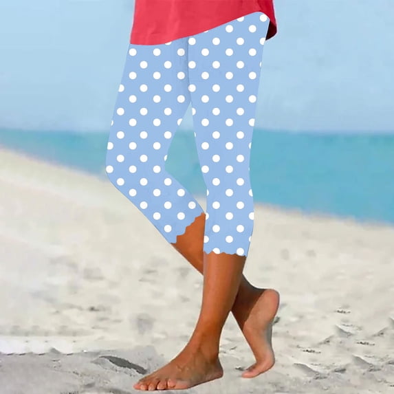 Cagogo Polka Dot Capri Pants for Women Summer Casual Elastic Waist Cropped Leggings Beach Party Lounge Trousers Fashion Clothes, Sky Blue 2XL