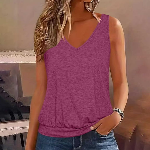 Cagogo Sleeveless Tank Tops for Women Under $5 Cute Beach Solid Color V Neck Y2K Camis T Shirts Plus Size Basic Tees Clothes Valentines Day Gifts for Her