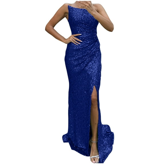 Cagogo Sparkly Sequin Prom Dresses for Women 2025 Long Mermaid Evening Gown Strapless Glitter Formal Ball Gown Dresses with Slit