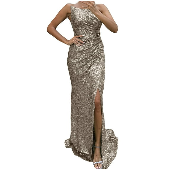 Cagogo Sparkly Sequin Prom Dresses for Women 2025 Long Mermaid Evening Gown Strapless Glitter Formal Ball Gown Dresses with Slit