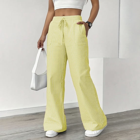 Cagogo Striped Wide Leg Lounge Pants for Women Elastic Waist Casual Long Trousers with Pockets Fashion Comfortable Home Outdoor Wear, Yellow XL