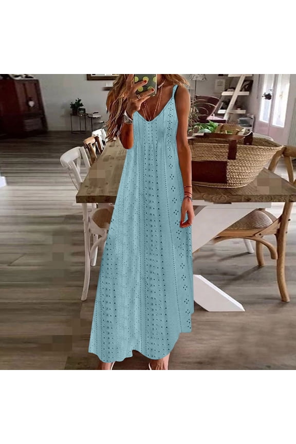 Summer Flowy Swing Eyelet Embroidery Maxi Long Dress for Womens Wedding Guest Dress Casual Spaghetti Strap Sleeveless V Neck Bohemian Black Dresses Clothes